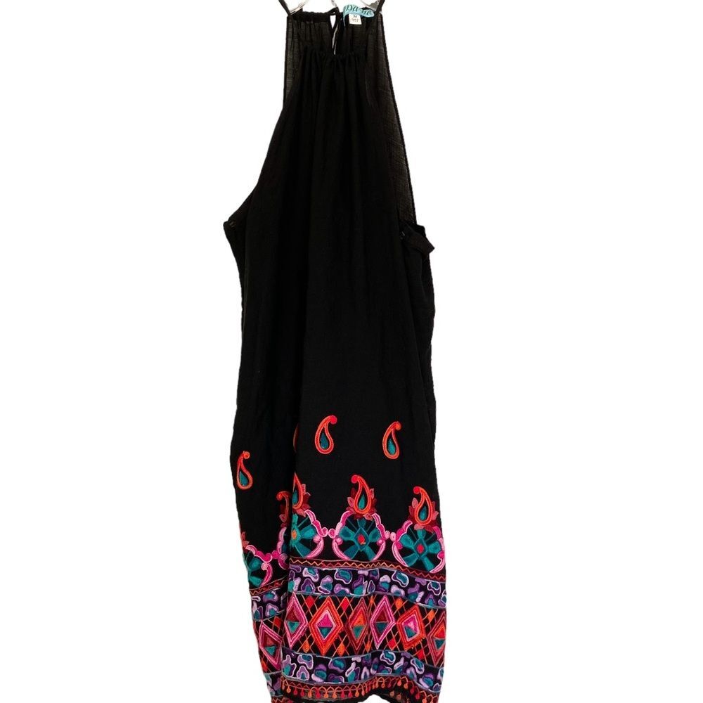 Nabe Black Boho Embroidered Border Tie Sleeveless Midi Dress M